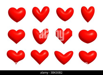 Set di icone rosse a cuore 3D per San Valentino, messaggi d'amore, biglietti da sposa, disegni di auguri, adesivi romantici, chat digitale, lettere romantiche e. Illustrazione Vettoriale