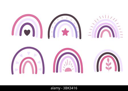 Set di sei simpatici arcobaleni rosa con cuori, stelle, sole, puntini e foglie nella giocosa tavolozza boho pastello. Illustrazione Vettoriale