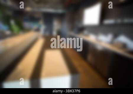 Il vettore piatto mostra un tavolo comune in legno seduto nell'area di lavoro della caffetteria con schermo vuoto Foto Stock