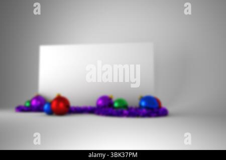 Il rendering 3D mostra una scheda bianca vuota sul piano portapaziente grigio chiaro con tinsel e ornamenti viola Foto Stock