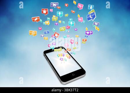 Lo smartphone mostra delle icone colorate delle app in un'illustrazione digitale piatta, con sfumatura blu Foto Stock