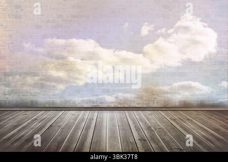 Gli spazi interni vuoti presentano pavimento piatto in legno, pareti in mattoni murali a nuvola e basamento Foto Stock