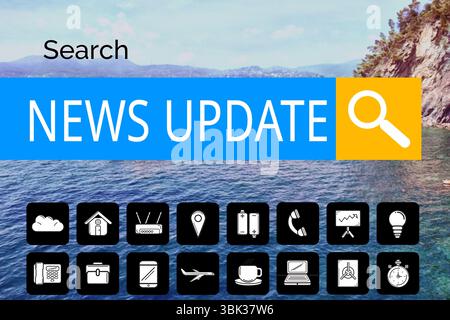 Visualizzazione dell'interfaccia che si sovrappone a SEA con banner DI AGGIORNAMENTO NOTIZIE, testo di ricerca, icona di ricerca e griglia delle icone Foto Stock