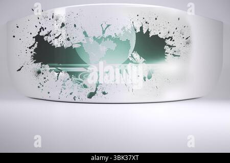 Il rendering 3D mostra un pannello bianco su un pavimento lucido con globo pixellato, spruzzi di vernice, luce parassita Foto Stock