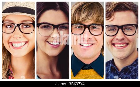 Il materiale composito a quattro pannelli mostra quattro persone sorridenti che indossano occhiali da vista e cappello in tessuto dal design piatto Foto Stock