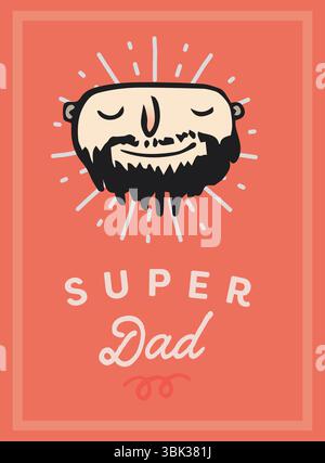 La testa con barba dal design piatto irradia linee bianche sul corallo con testo SUPER Dad con bordo rettangolare Foto Stock