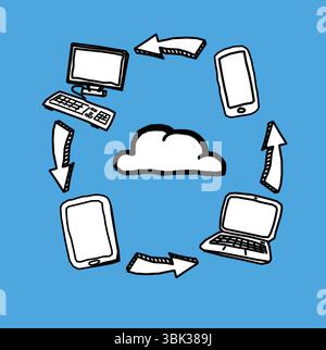 L'icona del fumetto sincronizza i dati tra le icone del dispositivo nell'illustrazione disegnata a mano su sfondo blu fisso Foto Stock