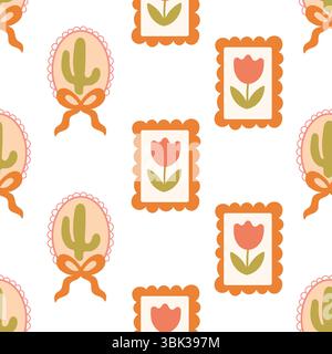 Divertenti illustrazioni floreali e cactus all'interno delle cornici smerlate. Motivo boho senza cuciture per stampe, adesivi o tessuti per bambini. Illustrazione Vettoriale