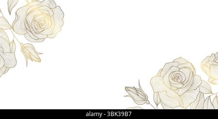 Montano rose di fiori d'oro vettoriali, ornamenti di lusso per nozze, decorazioni d'angolo, modello elegante. Fiorente invito, ricco vintage Illustrazione Vettoriale