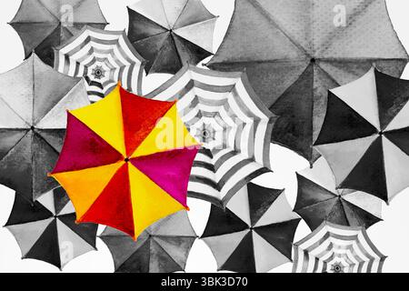 Pittura ad acquerello Vista dall'alto colorata di rosso, giallo, nero, bianco, ombrellone e turismo business mare, spiaggia resort, poster, mercato, texture, backgrou Foto Stock