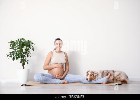 Giovane felice donna incinta sportiva con carino cane pastore australiano che pratica yoga a casa Foto Stock