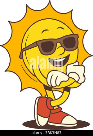 Elegante mascotte da sole in un design a fumetti retrò con occhiali da sole con le braccia incrociate e un'espressione del viso sicura. Ideale per promozioni estive, caffè/bra Illustrazione Vettoriale