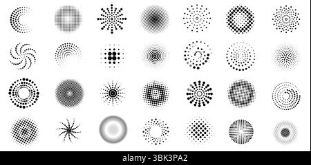 Forme circolari a mezzitoni. Elementi geometrici rotondi punteggiati, texture pop art a punti astratti a pennello, simboli di spruzzi di fumetti vintage retrò e dot spray Illustrazione Vettoriale
