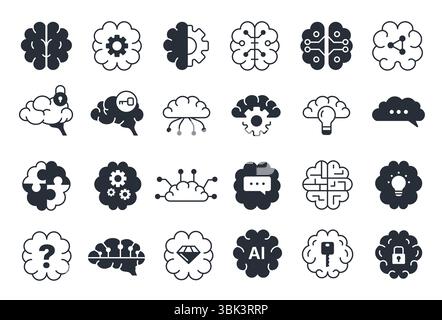 Icone del cervello umano. Apprendimento automatico e simboli mentali umani, idee creative e segni della linea di ictus geniale, attività cerebrale e logo IQ. Cervello vettoriale Illustrazione Vettoriale