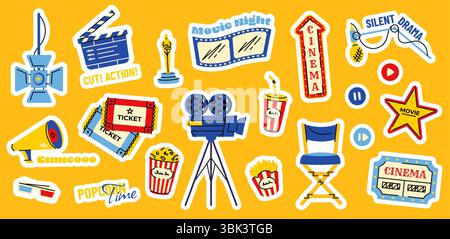 Adesivi cinematografici. Elementi cinematografici cartoni animati con nastro per film popcorn sedia da cinema clapperboard, adesivi cinematografici per il tuo design. Vettore Illustrazione Vettoriale