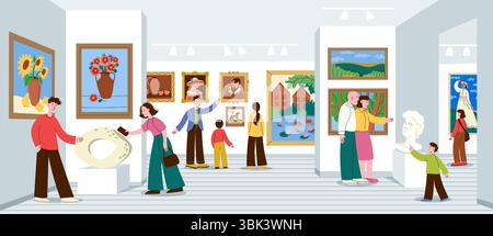 Persone in galleria d'arte. I personaggi dei cartoni animati visitano la mostra di arte contemporanea, l'uomo e la donna guardano dipinti e sculture nella sala del museo. Vettore Illustrazione Vettoriale