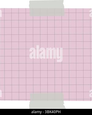 Mockup di carta adesiva a scacchi rosa con nastro di mascheratura grigio isolato sullo sfondo. Clipart dell'illustrazione vettoriale. Forniture per ufficio. Promemoria Illustrazione Vettoriale