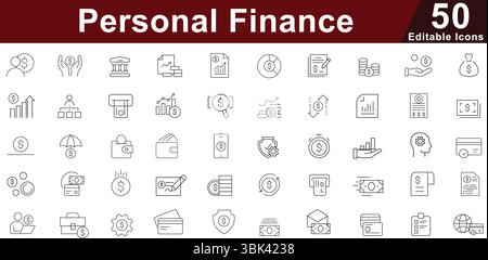 Set di icone Finanza personale - 50 icone di gestione del denaro modificabili per raccolta vettoriale di pianificazione bancaria, investimenti e budget Illustrazione Vettoriale