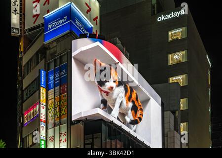 Gigantesco cartellone digitale 3D che mostra un gatto che sembra uscire dallo schermo in cima al Cross Shinjuku Building, Tokyo Foto Stock