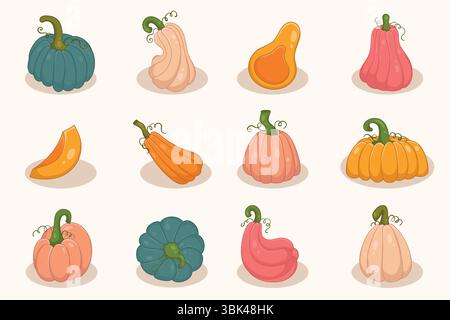 Set colorato di zucca e squash in grazioso stile Cartoon disegnato a mano. Verdure decorative da raccolta isolate su sfondo crema, perfette per l'allevamento, in autunno Illustrazione Vettoriale