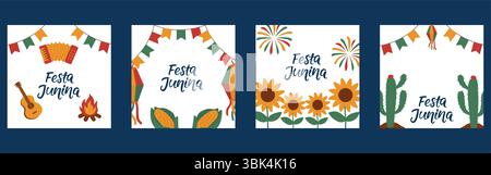 Colorata Festa Junina con decorazioni tradizionali brasiliane su sfondo bianco. Perfetto per feste di giugno. VEC Illustrazione Vettoriale