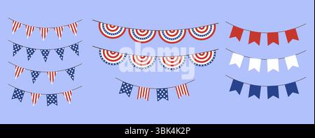 Set di ghirlande patriottiche in rosso, bianco e blu. Include vari stili di bandiera e pennant, perfetti per decorare gli eventi del giorno dell'indipendenza e. Illustrazione Vettoriale