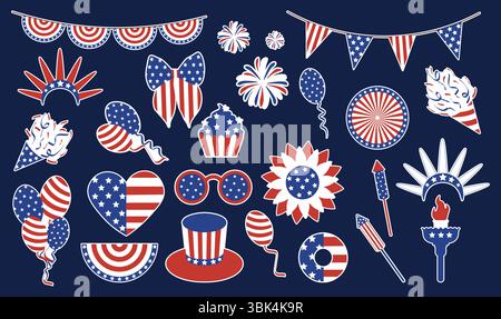 Set di simboli nazionali per la celebrazione degli Stati Uniti entro il 4 luglio. Ideale per progetti dell'American Independence Day, inviti a feste, striscioni e Illustrazione Vettoriale