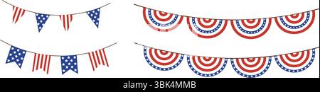 Set di ghirlande patriottiche in rosso, bianco e blu. Include vari stili di bandiera e pennant, perfetti per decorare gli eventi del giorno dell'indipendenza e. Illustrazione Vettoriale
