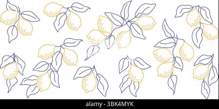 Set di rami di limone disegnati a mano in stile art minimalista. Perfetto per l'estetica moderna, design botanici, arredi in cucina, confezioni, motivi in tessuto Illustrazione Vettoriale
