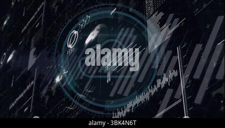 Visualizzazione dell'icona del fumetto che pulsante sull'interfaccia olografica, con grafici a barre e profili della mappa mondiale Foto Stock