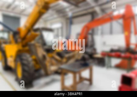 Design piatto che mostra l'officina con benna di sollevamento per terne gialle, braccio robotizzato e guide per gru Foto Stock