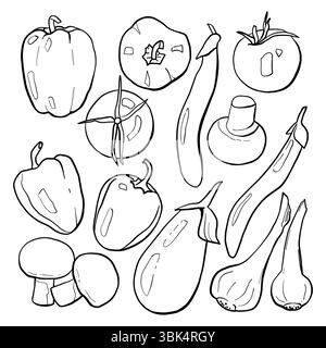 Set di icone vettoriali della linea di verdure. Illustrazione disegnata a mano di verdure monocromatiche per prodotti agricoli di design, etichetta del mercato negozio vegetariano. Melanzane, CA Illustrazione Vettoriale