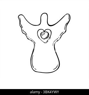 Bambola di angelo di Natale realizzata a mano con campana centrale in bianco e nero e illustrazione vettoriale. Disegno a linee di elementi tradizionali in legno natalizio per la decorazione Illustrazione Vettoriale