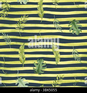 Foglie tropicali senza cuciture motivo con strisce verdi gialle su sfondo blu scuro. Palma, eucalipto e Monstera con Liana, pennello orizzontale Foto Stock