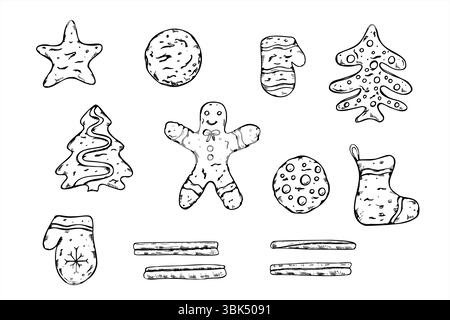 Set vettoriale monocromatico di biscotti di pan di zenzero natalizio con bastoncini di cannella dipinti da inchiostri neri. Uomini, stelle, guanti, stivali, disegno su alberi Illustrazione Vettoriale