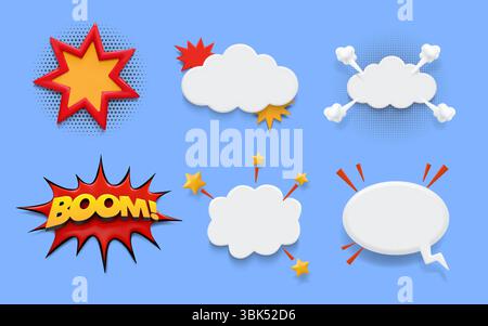Fumetto 3D. Sorpresa. Effetto vocale per l'audio. Elemento di testo pop art. Wow e boom Explosion frame. Esplode. Adesivo vuoto. Forma di esplosione dinamite. Puff cloud. Set di icone dei cartoni animati vettoriali Illustrazione Vettoriale