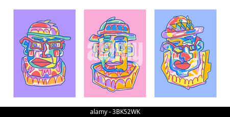 Faccia astratta. Poster artistico, collage di design o ritratto moderno creativo. Persone minimali, disegni a forma di doodle. Uomo colorato con cappello e occhiali. Avatar Doodle. Concetto vettoriale contemporaneo disegnato a mano Illustrazione Vettoriale