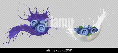 Mirtillo a spruzzo. Crema di succo di mirtillo realistica in 3D. Yogurt liquido alla frutta spruzzato. Gocce di olio fresco in caduta. Gocce naturali di mora e latticini. Dolce dolce sano. Set di elementi isolati vettoriali Illustrazione Vettoriale