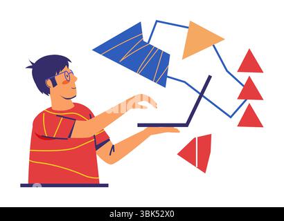 Mente creativa. Uomo d'affari che lavora al portatile. Forme geometriche astratte. Soluzione innovativa. Idea del progetto di avvio. Brainstorming e pensiero efficiente. Strategia di gestione aziendale. Concetto vettoriale Illustrazione Vettoriale
