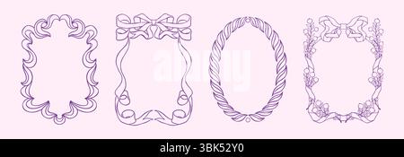 Set di cornici a nastro. Bordo di prua, carino biglietto d'invito di san valentino disegnato a mano o menu per feste nuziali, estetica da coquette. Design rosa romantico con elementi botanici. Arredamento di lusso isolato. Stampa vettoriale Illustrazione Vettoriale