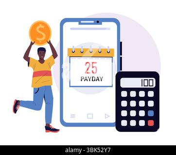 Persone con le monete. Giorno di paga. Uomo che aspetta lo stipendio. Stipendio per lavoro. Dipendente con moneta d'oro. Contano i soldi con la calcolatrice. Data di pagamento. App telefono. Calendario dell'organizzatore. Profitto finanziario. Concetto vettoriale Illustrazione Vettoriale