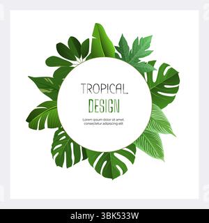 Cornice tropicale. Bordo arrotondato con spazio di copia per testo e foglie esotiche di palma in forma circolare. Emblema decorativo o etichetta. Decorazioni estive a tema foresta pluviale. Illustrazione botanica isolata dal vettore Illustrazione Vettoriale