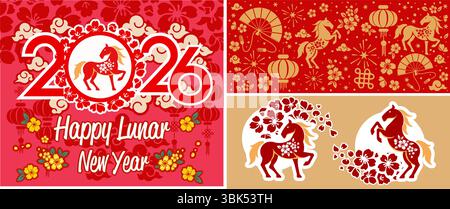 Benvenuto all'anno del cavallo nel 2026 con i nostri eleganti modelli! Perfetto per biglietti d'auguri, illustrazioni natalizie e striscioni decorativi per Illustrazione Vettoriale