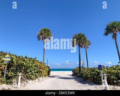 Spiaggia tropicale caratterizzata da un sentiero sabbioso che conduce all'oceano turchese, Miami Beach, Florida Foto Stock