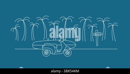 Delinea il paesaggio tropicale con palme, moto con illustratore vettoriale di tavole da surf. T shirt Island surf Vibe, design merch, template. Illustrazione Vettoriale