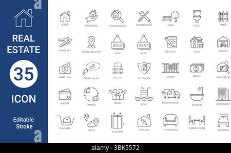 Set di icone Web con linea sottile minimalista Real Estate traccia modificabile. Illustrazione Vettoriale