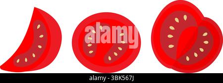 Fette di pomodoro disegnate a mano con le carte dei temi semi semicerchio e Quarter Food o elemento infografico. Illustrazione vettore isolato poster per alimenti o schede menu, banner promozionale, opuscoli, etichette, etichetta dei prezzi Illustrazione Vettoriale