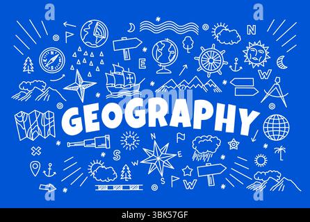 Simboli geografici e icone sul Consiglio scolastico. Bussola vettoriale del gesso, mappamondo terrestre e mappa del mondo, rosa del vento e stella nord, nuvole e frecce sullo sfondo Illustrazione Vettoriale