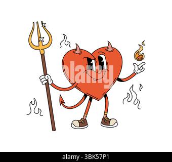 Cartoni animati cuore di Halloween con corna demoniache e tridente, personaggio vettoriale divertente. Il simbolo delle festività di Halloween per la festa serale horror, il personaggio di cuore da brivido con un sorriso sul viso e un fuoco infernale Illustrazione Vettoriale