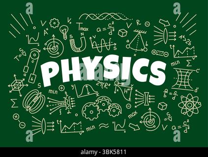 Formule di fisica sullo sfondo vettoriale del Consiglio scolastico. L'educazione alla scienza fisica disegna simboli di gesso, leggi fisiche, grafici teorici, magnete e prisma a bordo Illustrazione Vettoriale